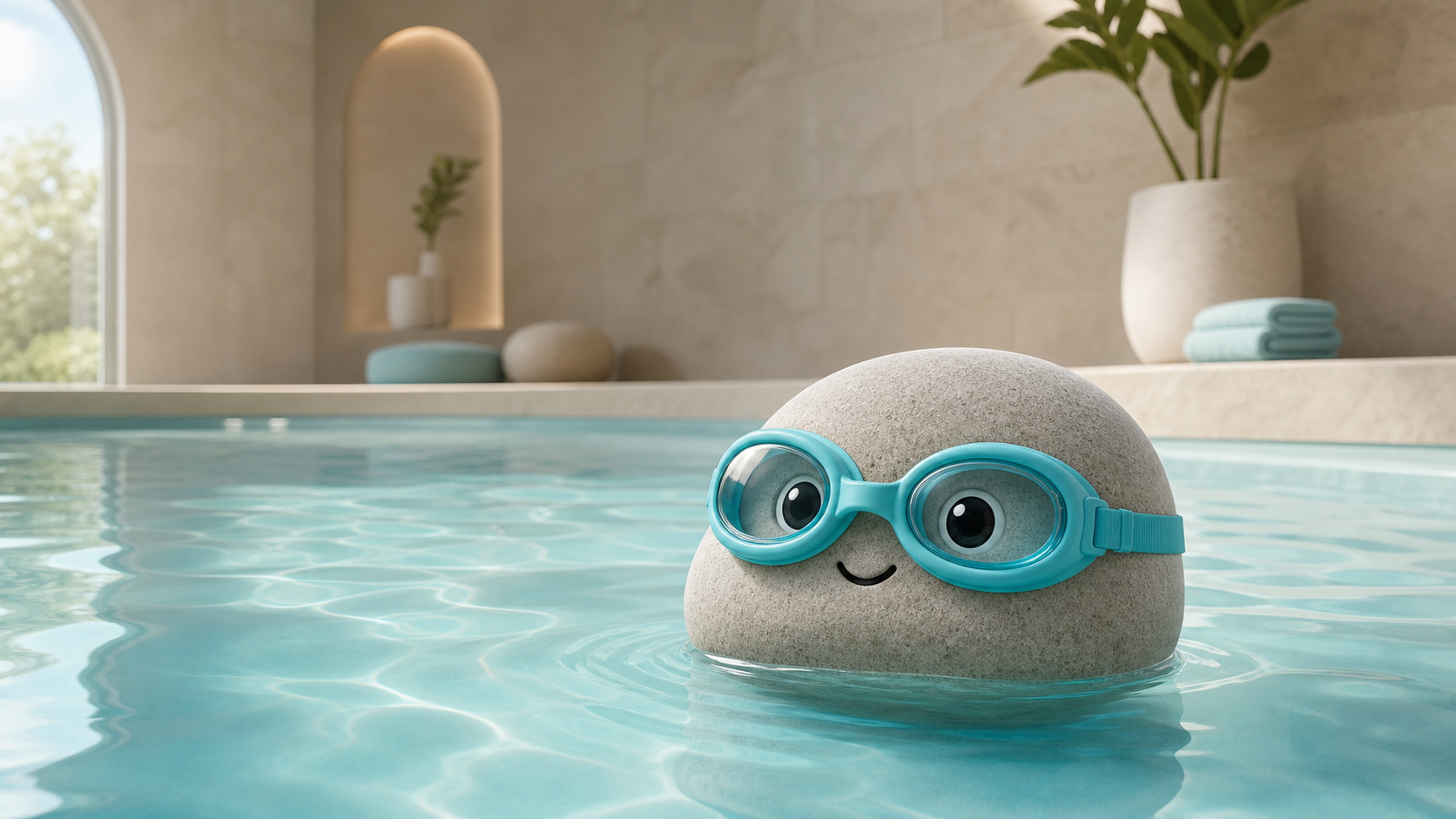 Pebble Swim School mascot floating in a calm private indoor pool.
